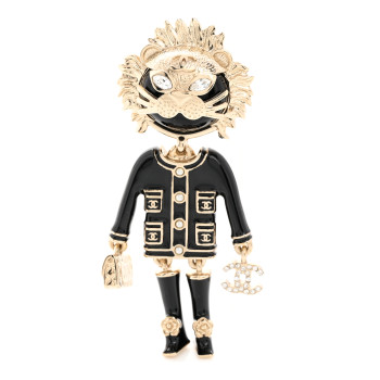 CHANEL Enamel Crystal Pearl CC Lion Brooch Black White
