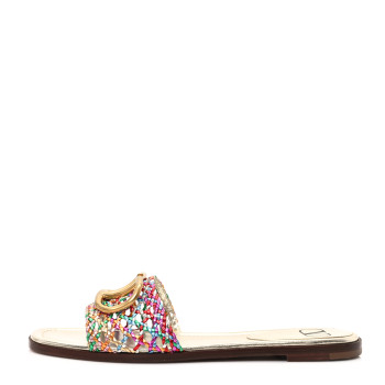 VALENTINO GARAVANI Metallic Laminated Nappa Woven Vlogo Flat Slide Sandals 38 Multicolor