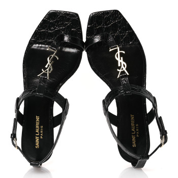 SAINT LAURENT Calfskin Crocodile Embossed Cassandra Monogram Sandals 40 Black