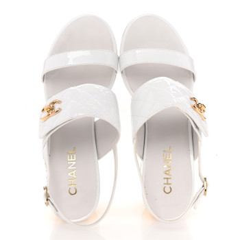 CHANEL Patent Quilted CC Turnlock Sandals 40.5 White