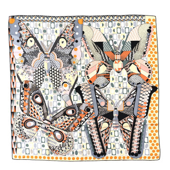 HERMES Silk Les Ailes De La Soie Scarf 90 Jaune Paille Black Orange
