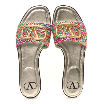 VALENTINO GARAVANI Metallic Laminated Nappa Woven Vlogo Flat Slide Sandals 38 Multicolor