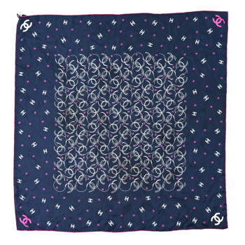 CHANEL Silk CC Square Scarf Navy Blue White Pink