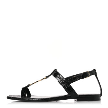 SAINT LAURENT Calfskin Crocodile Embossed Cassandra Monogram Sandals 40 Black