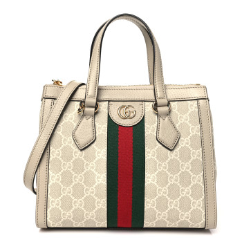 GUCCI GG Supreme Monogram Textured Dollar Calfskin Web Small Ophidia Tote Bag Beige Mystic White Oatmeal