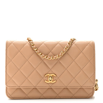 CHANEL Lambskin Quilted CC Pearl Crush Wallet on Chain WOC Beige
