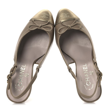 CHANEL Metallic Lambskin Cap Toe CC Slingback Heels 36 Beige Gold