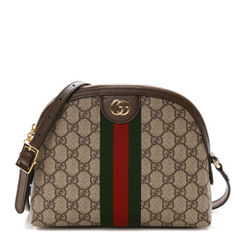 GUCCI GG Supreme Monogram Textured Dollar Calfskin Web Small Ophidia Dome Shoulder Bag Beige Ebony New Acero