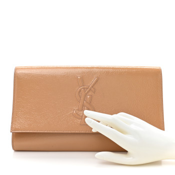 SAINT LAURENT Textured Patent Calfskin Monogram Large Belle De Jour Clutch Beige