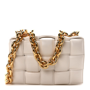 BOTTEGA VENETA Lambskin Maxi Intreccio Padded Chain Cassette Crossbody Bag White