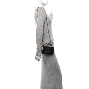 CHANEL Patent Calfskin Quilted Flap Phone Holder With Chain Black
