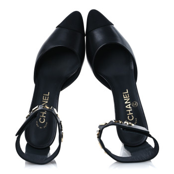 CHANEL Lambskin Grosgrain Cap Toe Logo Ankle Strap Pumps 36.5 Black