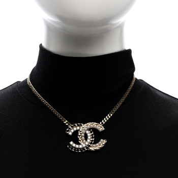 CHANEL Metal Pearl Crystal Lambskin CC Chain Necklace Gold Black White