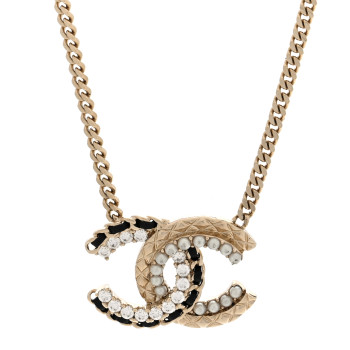 CHANEL Metal Pearl Crystal Lambskin CC Chain Necklace Gold Black White