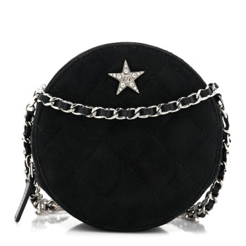 CHANEL Suede Quilted Crystal Round Clutch With Logo Chain Black
