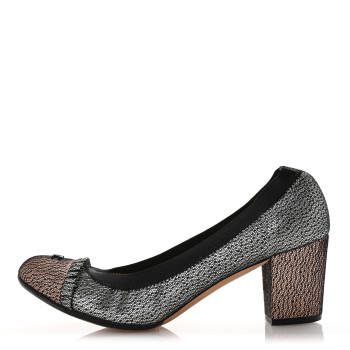 CHANEL Lace Lambskin CC Elastic Stretch Pumps 39 Black Silver Rose Gold