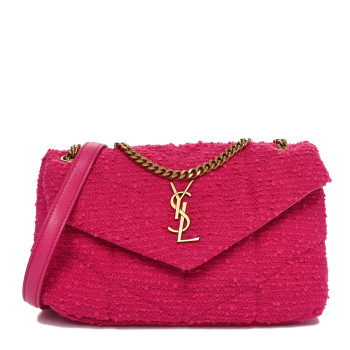 SAINT LAURENT Boucle Tweed Quilted Toy Loulou Puffer Monogram Chain Satchel Magenta
