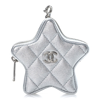 CHANEL Metallic Lambskin Walk Of Fame Star Clip On Coin Purse Silver