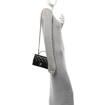 CHANEL Shiny Lambskin Quilted Golden Links Top Handle Flap Black