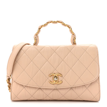 CHANEL Crumpled Lambskin Quilted Small CC Links Top Handle Flap Beige