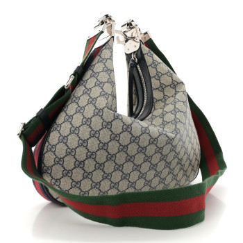 GUCCI GG Supreme Monogram Textured Calfskin Web Large Attache Shoulder Bag Beige Blue