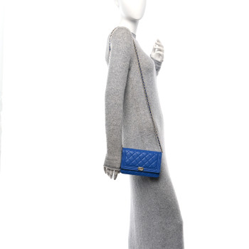 CHANEL Lambskin Quilted Boy Wallet On Chain WOC Blue