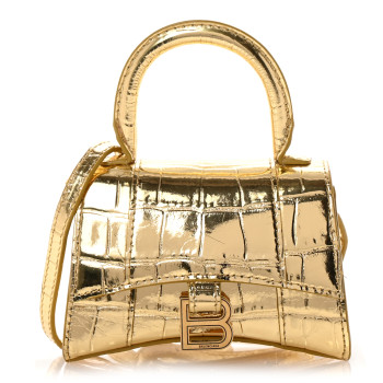 BALENCIAGA Metallic Calfskin Crocodile Embossed Hourglass Top Handle Bag Mini Gold
