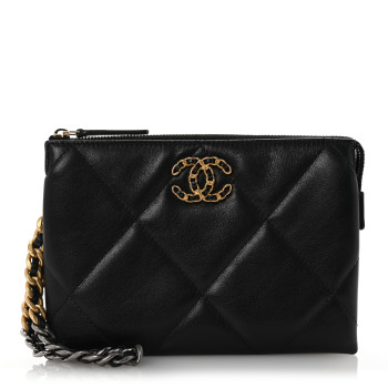 CHANEL Shiny Goatskin Quilted Small Chanel 19 Pouch With Handle Black