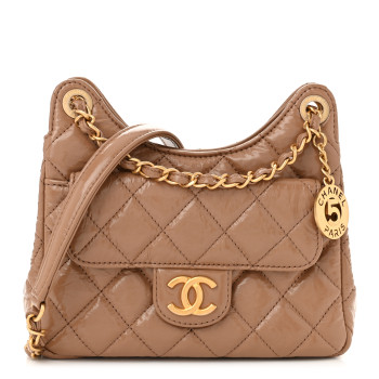 CHANEL Shiny Crumpled Calfskin Quilted Small Wavy CC Hobo Dark Beige