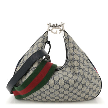 GUCCI GG Supreme Monogram Textured Calfskin Web Large Attache Shoulder Bag Beige Blue