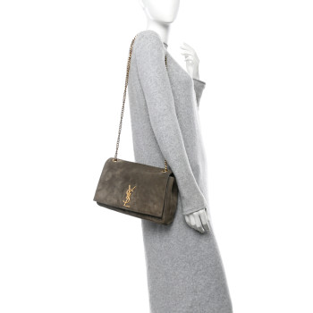 SAINT LAURENT Smooth Calfskin Suede Medium Reversible Monogram Kate Satchel Taupe