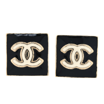 CHANEL Enamel CC Square Earrings Black White