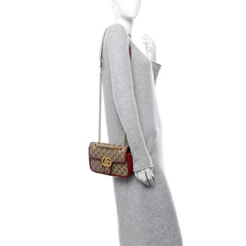 GUCCI Monogram Azalea Calfskin Matelasse Diagonal Mini GG Marmont Shoulder Bag Beige Ebony New Cherry Red