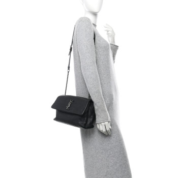 SAINT LAURENT Calfskin Crocodile Embossed Medium West Hollywood Monogram Fold-Over Black