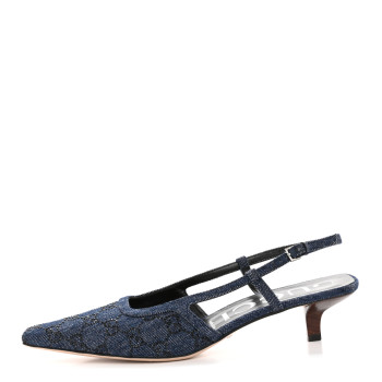 GUCCI Denim GG Monogram Malaga Kid Crystal Square G 35mm Slingback Pumps 40 Blue