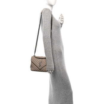 SAINT LAURENT Sheepskin Matelasse Chevron Monogram Medium College Bag Dark Beige