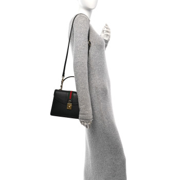 GUCCI Textured Dollar Calfskin Web Small Ophidia Padlock Top Handle Bag Black