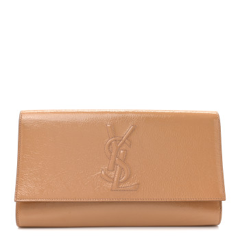 SAINT LAURENT Textured Patent Calfskin Monogram Large Belle De Jour Clutch Beige