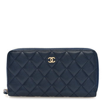 CHANEL Caviar Quilted Large Gusset Zip Around Wallet Navy