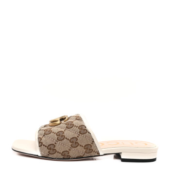 GUCCI Monogram Matelasse Diagonal GG Marmont Flat Slide Sandals 35 Beige Ebony Mystic White