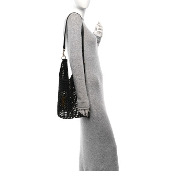 SAINT LAURENT Raffia Calfskin Oxalis Shoulder Bag Black