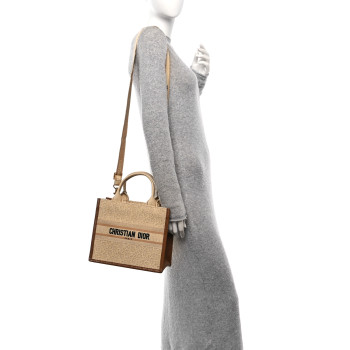 CHRISTIAN DIOR Raffia Calfskin Oblique Embroidered Small Book Tote Beige Camel