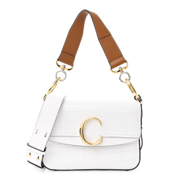 CHLOE Calfskin Crocodile Embossed Small C Double Carry Brilliant White
