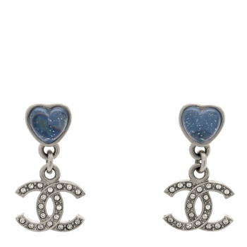 CHANEL Crystal Resin CC Heart Drop Earrings Silver Blue