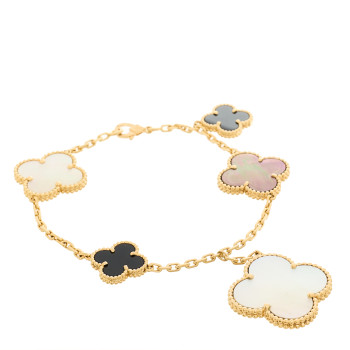 VAN CLEEF & ARPELS 18K Yellow Gold Grey Mother of Pearl Black Onyx 5 Motifs Magic Alhambra Bracelet