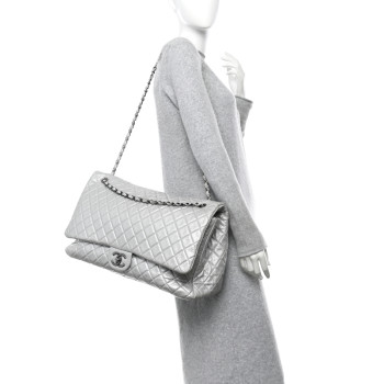 CHANEL Metallic Calfskin Quilted XXL Travel Flap Bag Silver