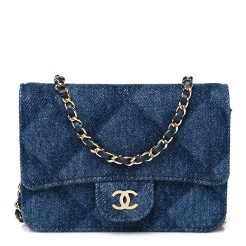 CHANEL Printed Denim Quilted Card Holder On Chain  Dark Blue