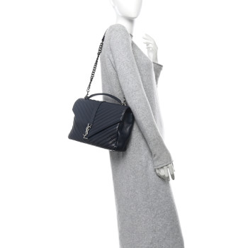 SAINT LAURENT Sheepskin Matelasse Chevron Monogram Large College Satchel Deep Marine