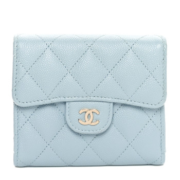 CHANEL Caviar Quilted Compact Flap Wallet Light Blue