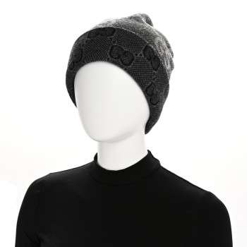 GUCCI Wool Monogram Doubly G Beanie Hat L Black Dark Grey